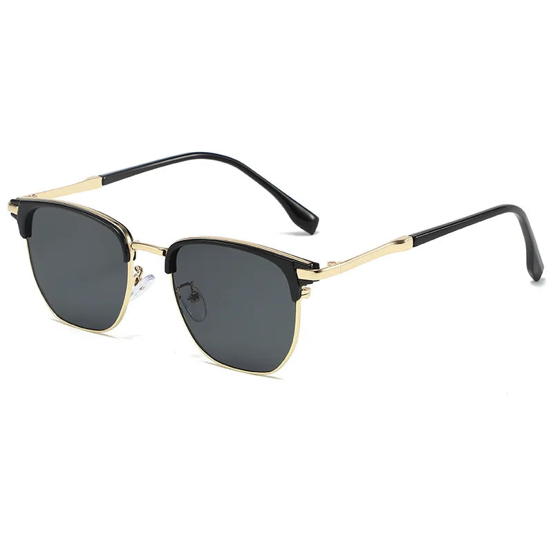 Classic square metal frame sunglasses with black lenses and gold accents