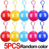 Five colorful disposable rain ponchos in red, yellow, blue, and pink are displayed against a white background.