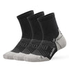 A pair of black and gray breathable performance running socks displayed flat.