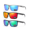 A set of three polarized rectangle sunglasses in blue, orange, and green lenses with gray frames.