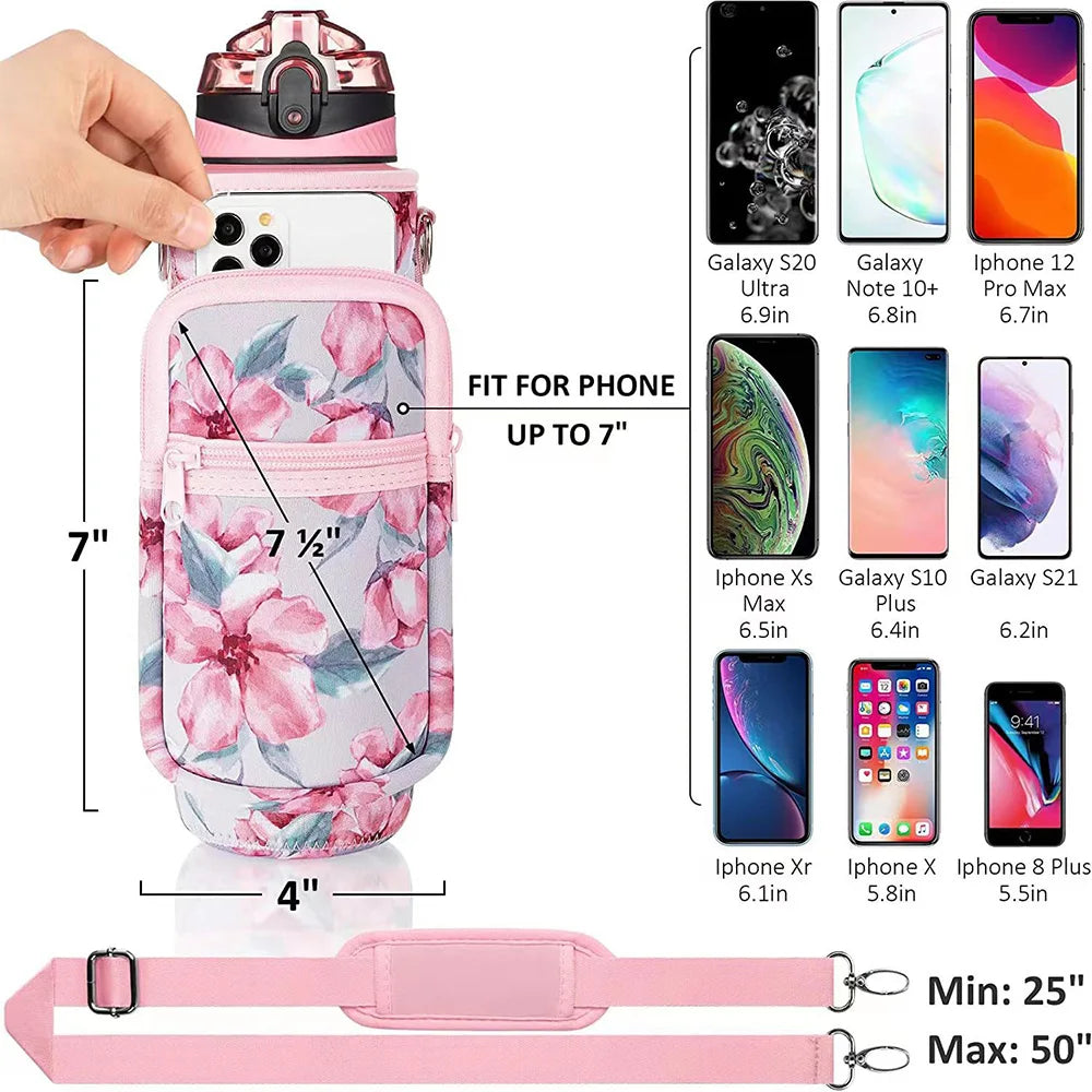 Botella de agua aislada rosa con funda y correa, mostrando varios tamaños de teléfono.