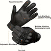 Black tactical full finger outdoor gloves showing features like touch-screen PU, anti-slip mesh, and adjustable wristband.