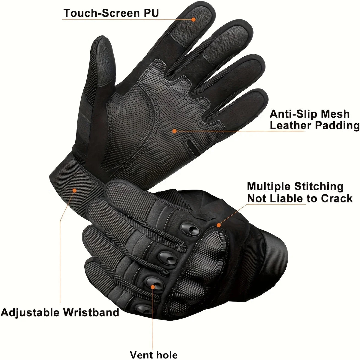Black tactical full finger outdoor gloves showing features like touch-screen PU, anti-slip mesh, and adjustable wristband.