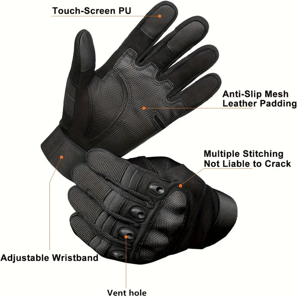 Black tactical full finger outdoor gloves showing features like touch-screen PU, anti-slip mesh, and adjustable wristband.