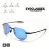 A pair of blue polarized aviator sunglasses with black arms and temples shown against a white background.