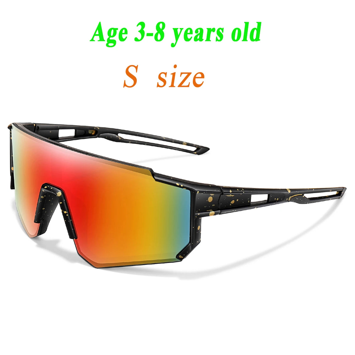 Orange and yellow tinted sunglasses with black frames and gold accents for children aged 3-8 years old
