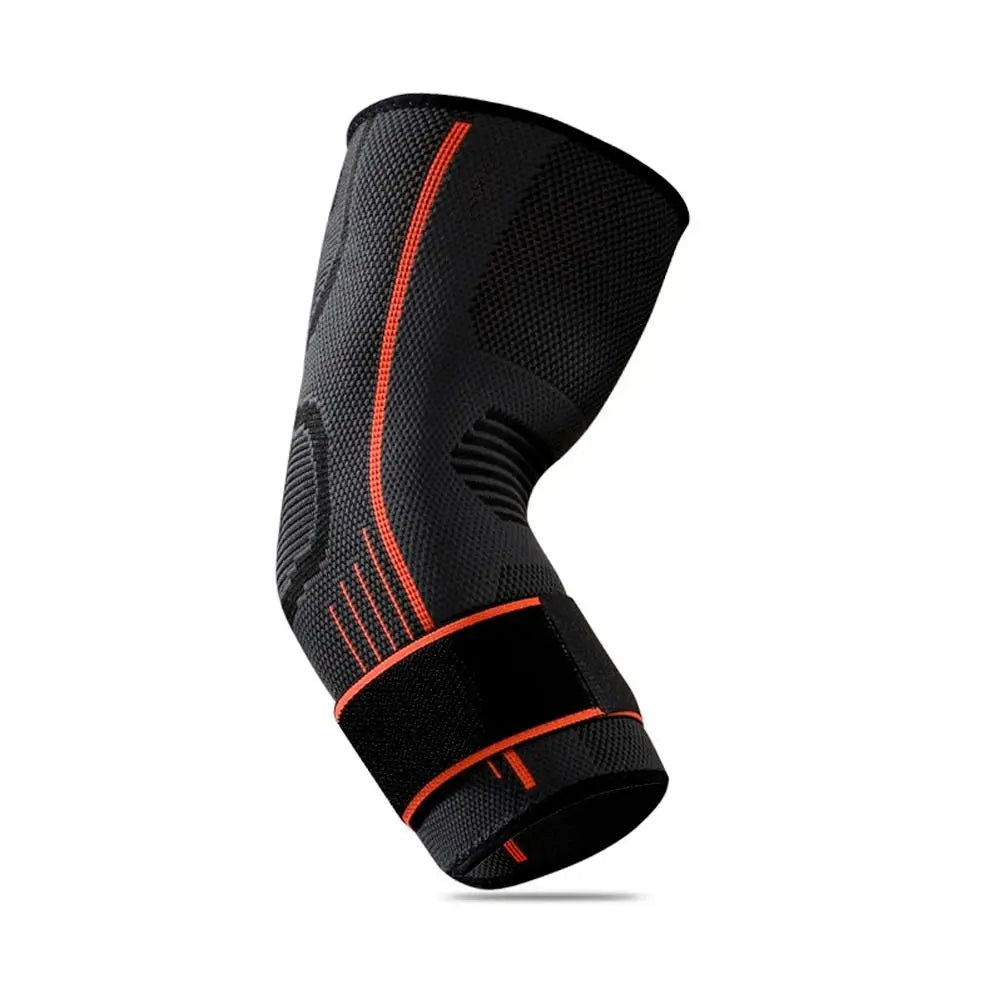 Black adjustable nylon elbow brace with orange accents shown from the side.