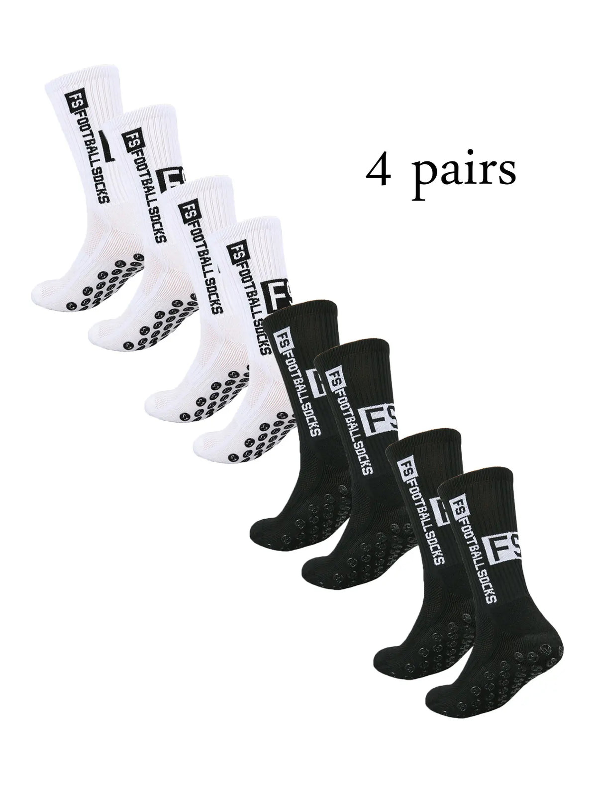 Four pairs of black men's athletic soccer socks with anti-slip grip