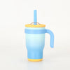 A light blue stainless steel travel mug with a yellow lid and handle.