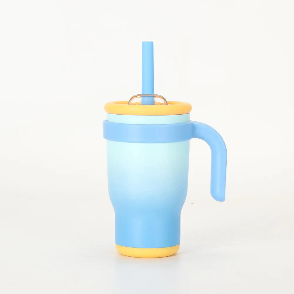 A light blue stainless steel travel mug with a yellow lid and handle.