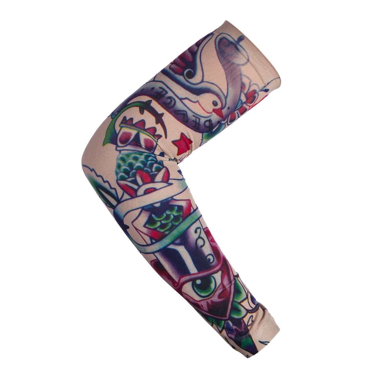 A close-up of a patterned sun protection breathable arm sleeve worn on an arm.