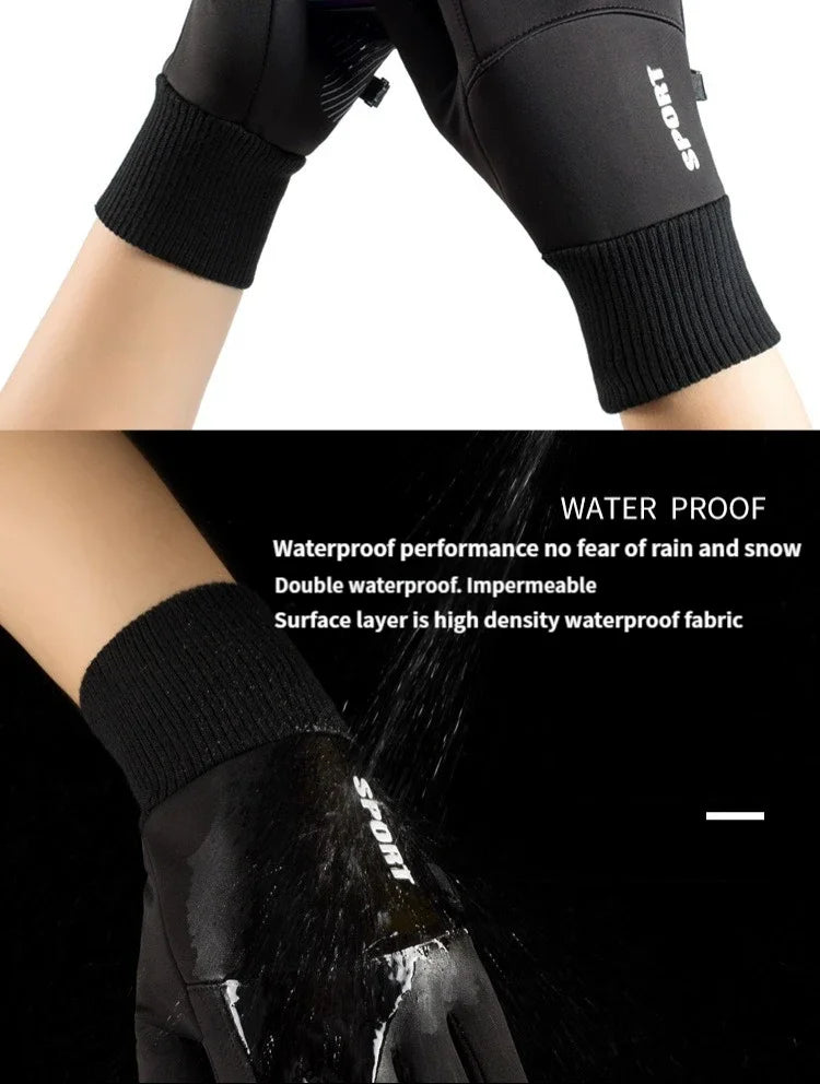 Black waterproof sports gloves shown on an arm, highlighting the waterproof and impermeable fabric.