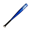 A blue aluminum baseball bat with a black grip and silver tip.