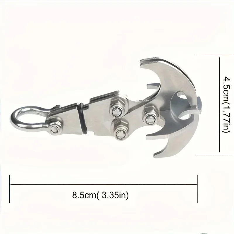 Stainless steel folding grappling hook with a loop and jaws, shown against a white background.