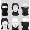 A set of black multifunctional balaclavas shown on mannequins, demonstrating various styles for face and head protection.