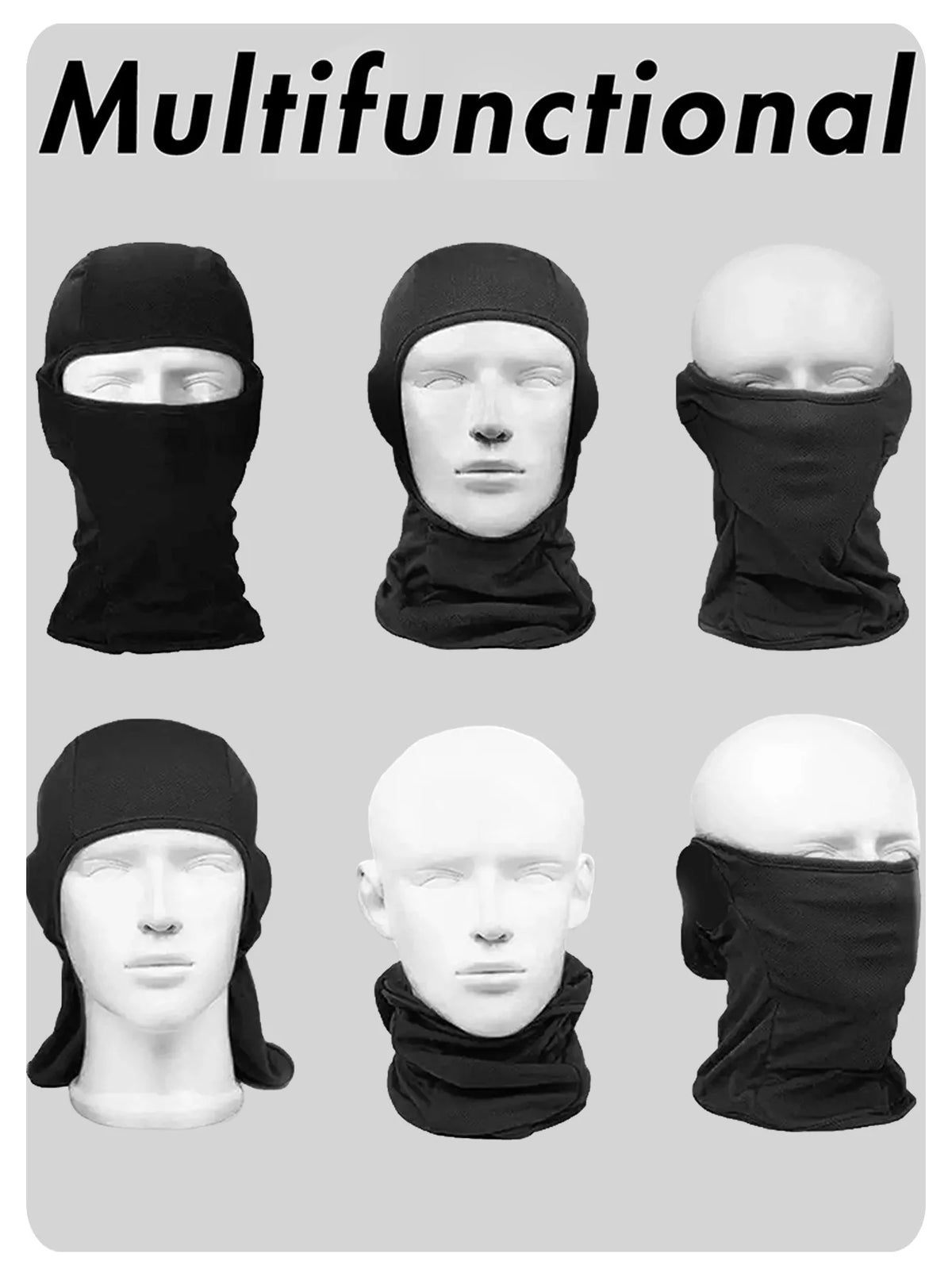 A set of black multifunctional balaclavas shown on mannequins, demonstrating various styles for face and head protection.