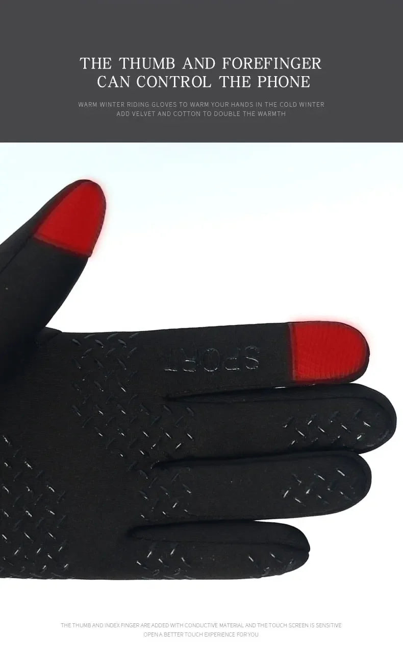 Black sports gloves with red accents shown on a hand, designed to warm hands and control a phone.