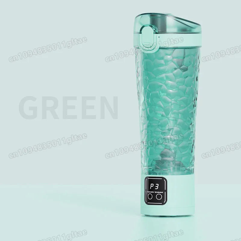 A clear teal electric shaker bottle with a light green textured body and a black base.