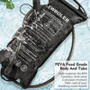 A black reusable water bladder hydration bag with instructions and a tube is shown against a light blue background.