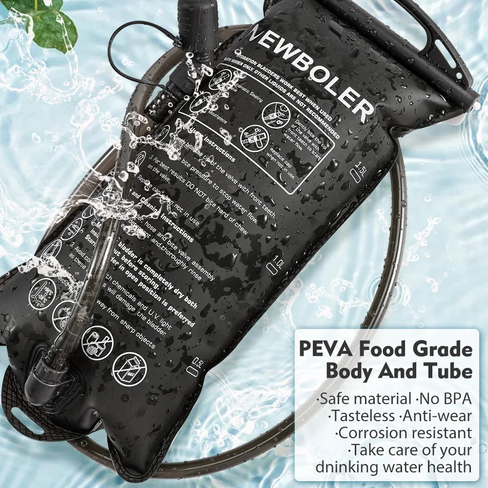 A black reusable water bladder hydration bag with instructions and a tube is shown against a light blue background.