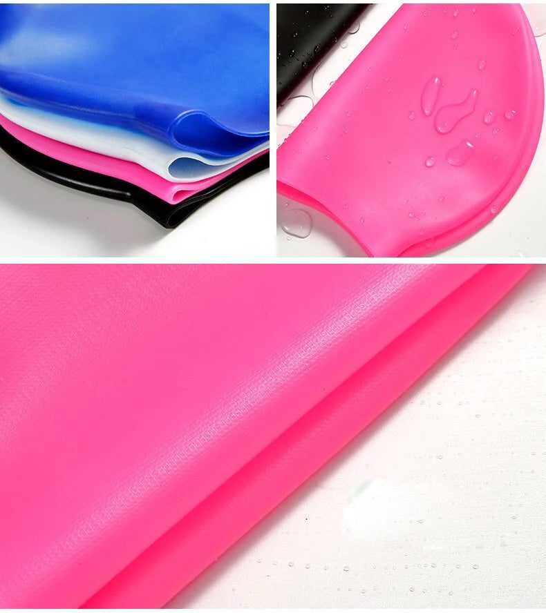 Close-up view of a bright pink waterproof silicone swimming cap in various angles.