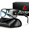 A pair of photochromic square sunglasses in a black frame and blue lens, along with a matching black protective case.