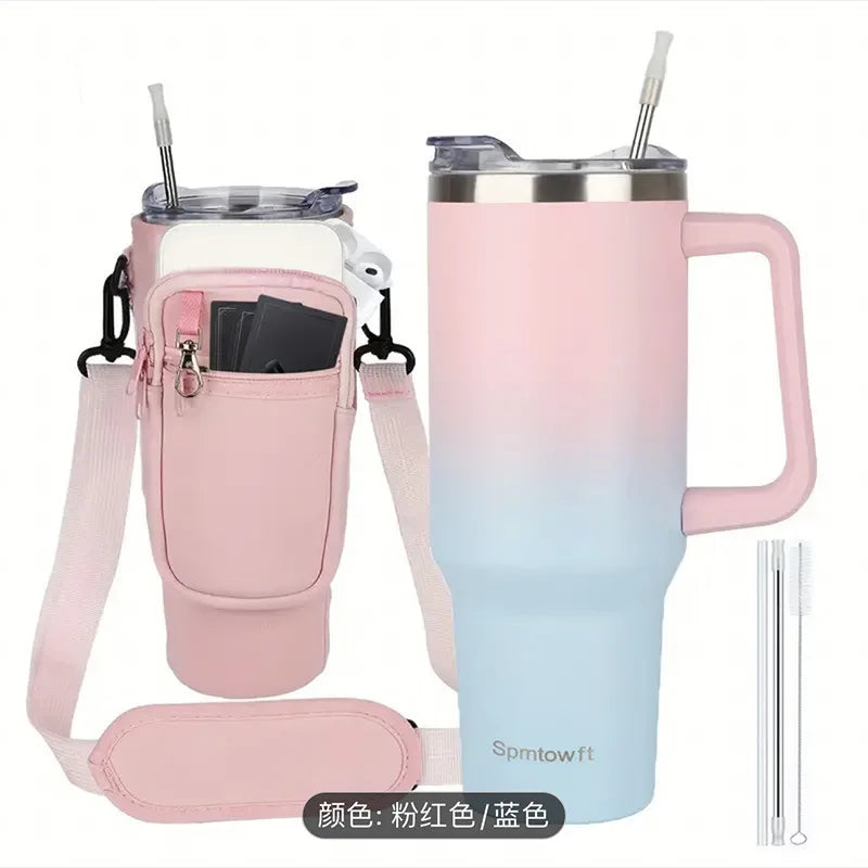 Termo de viaje de acero inoxidable rosa y azul con tapa de pajita de silicona y correa para llevar.