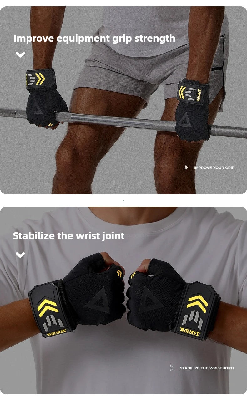 Black weightlifting grips are shown being used to improve grip strength and stabilize the wrist joint during exercise.