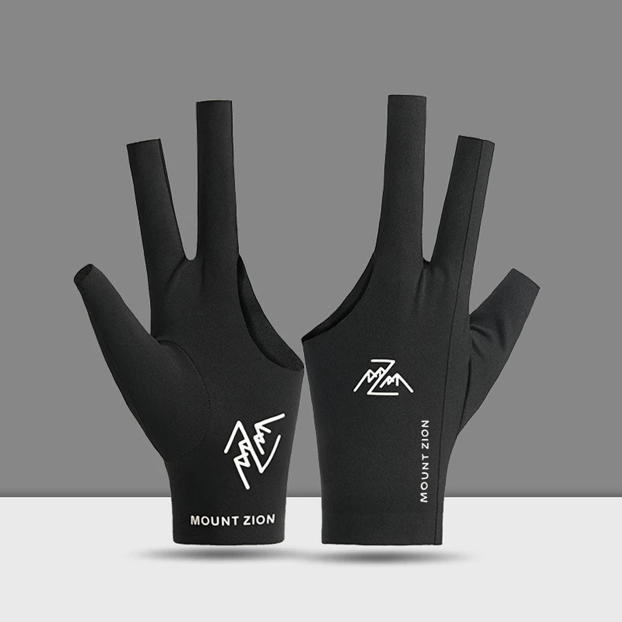 Black professional 3-finger billiard cue glove shown from above