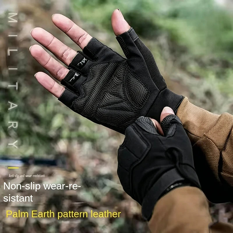 A hand wearing black non-slip wear-resistant leather gloves with a palm earth pattern, shown outdoors.