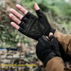 A hand wearing black non-slip wear-resistant leather gloves with a palm earth pattern, shown outdoors.
