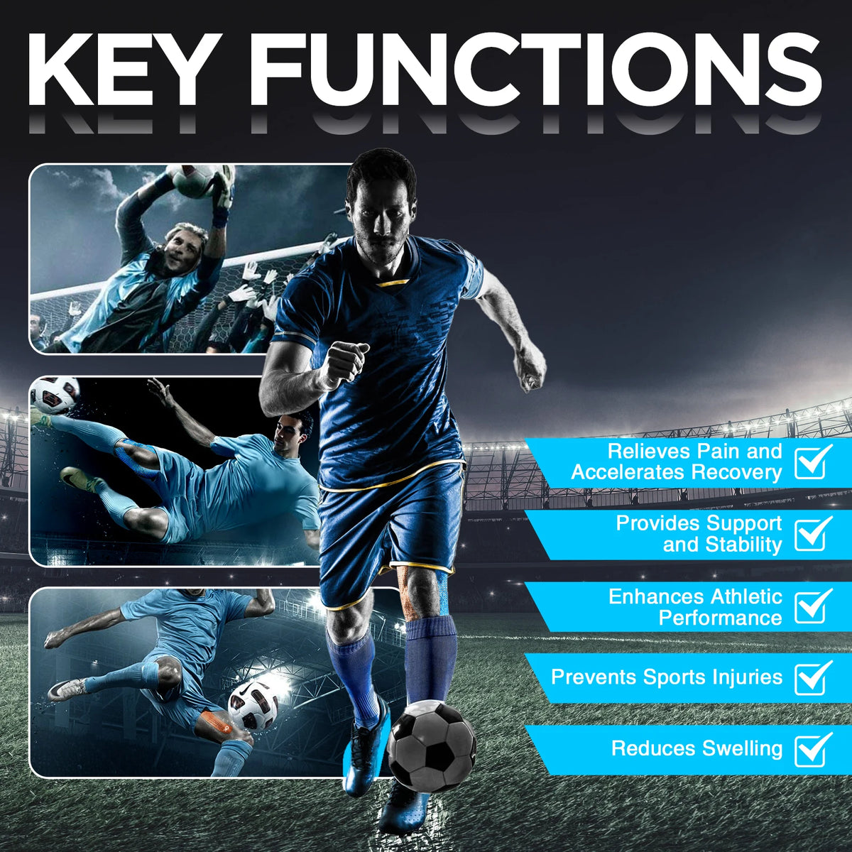 Image showing key functions of kinesiology tape for joint and muscle support, highlighting pain relief, recovery, stability, 