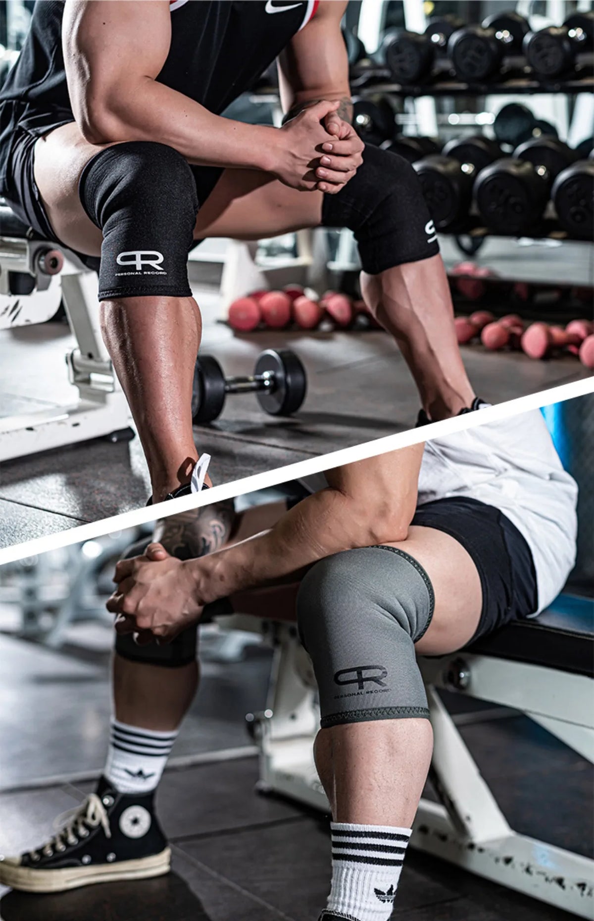 A person wearing black athletic gear is using neoprene knee pads while lifting weights in a gym setting.