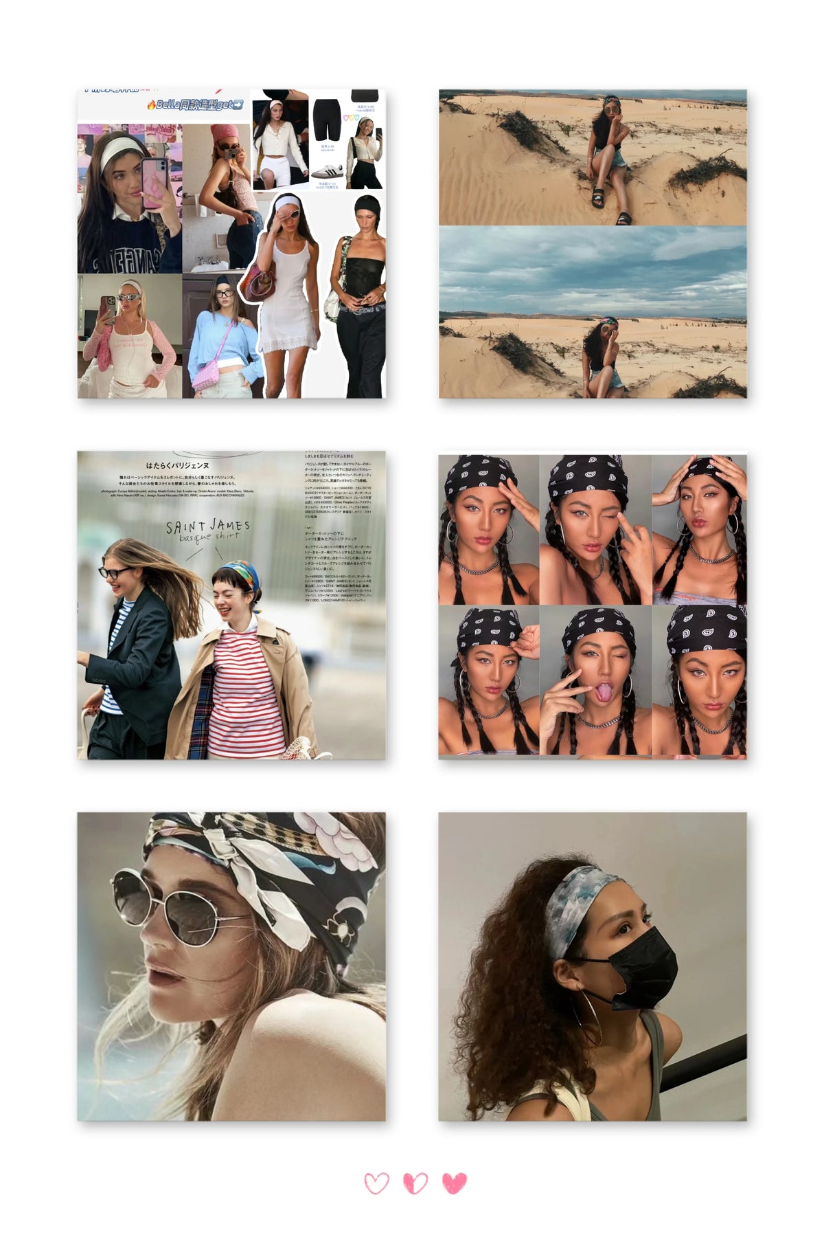 A collection of photos featuring models wearing bohemian stretch cotton headbands in various outdoor and studio settings.