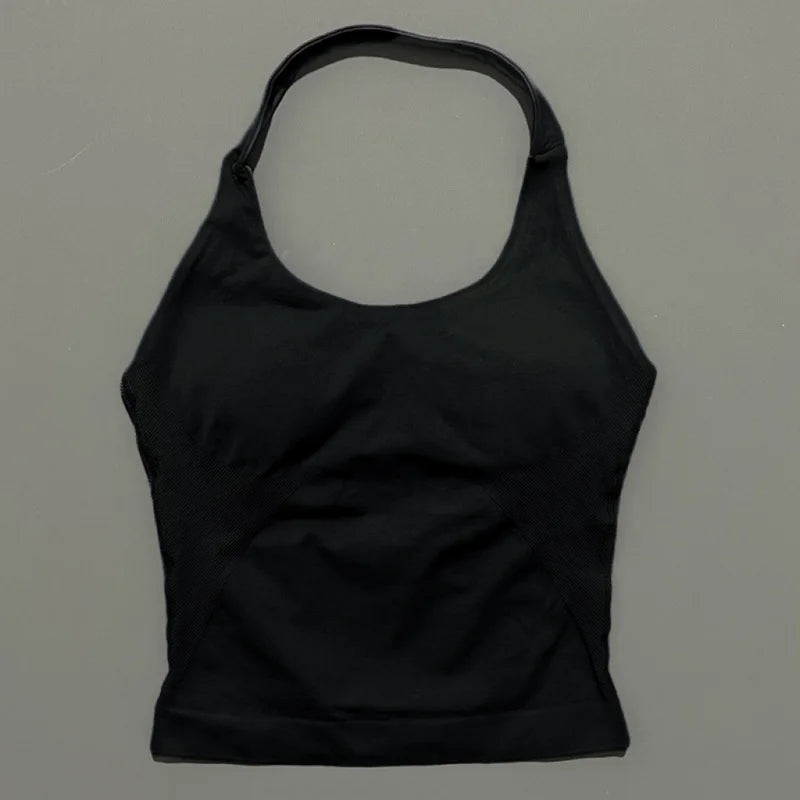 Schwarzes, nahtloses Strick-Gym-Tanktop mit integrierter BH
