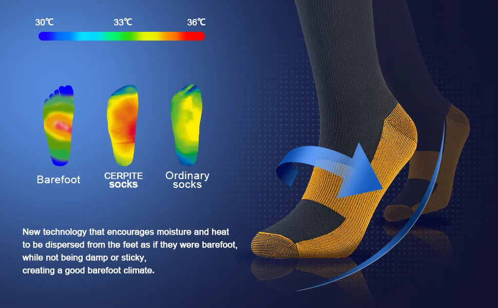 Un pied portant des chaussettes de compression orange, démontrant une nouvelle technologie pour la dispersion de l'humidité e