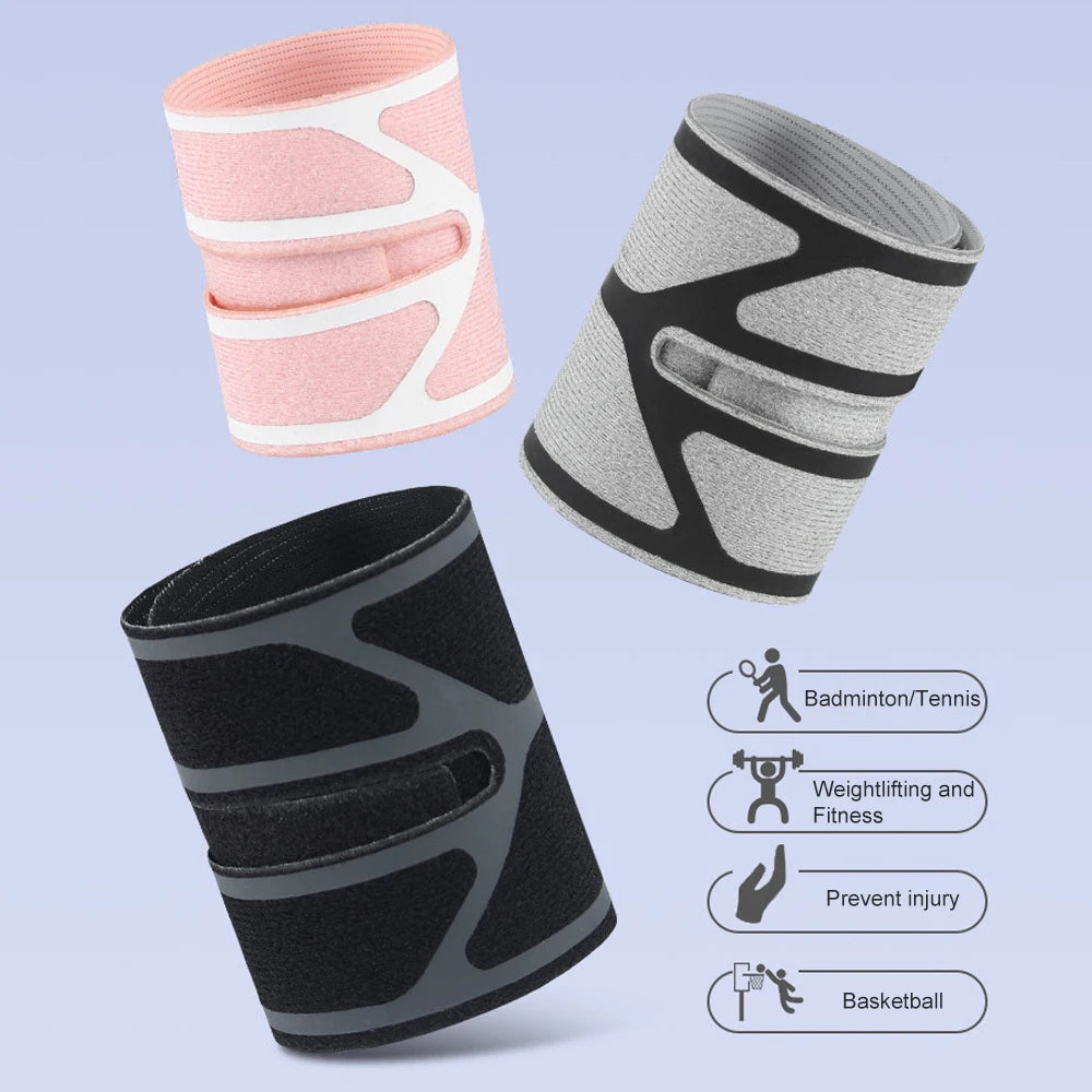 Three wrist support braces in pink, gray, and black shown with icons for various sports and activities.