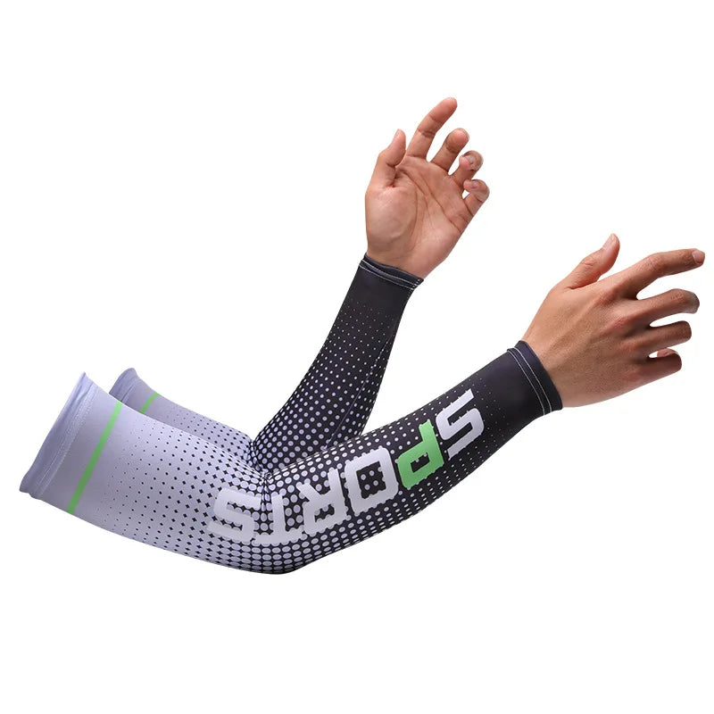 A person wearing black and gray UPF 50+ cool sports sleeves, showing the arm and hand movement.