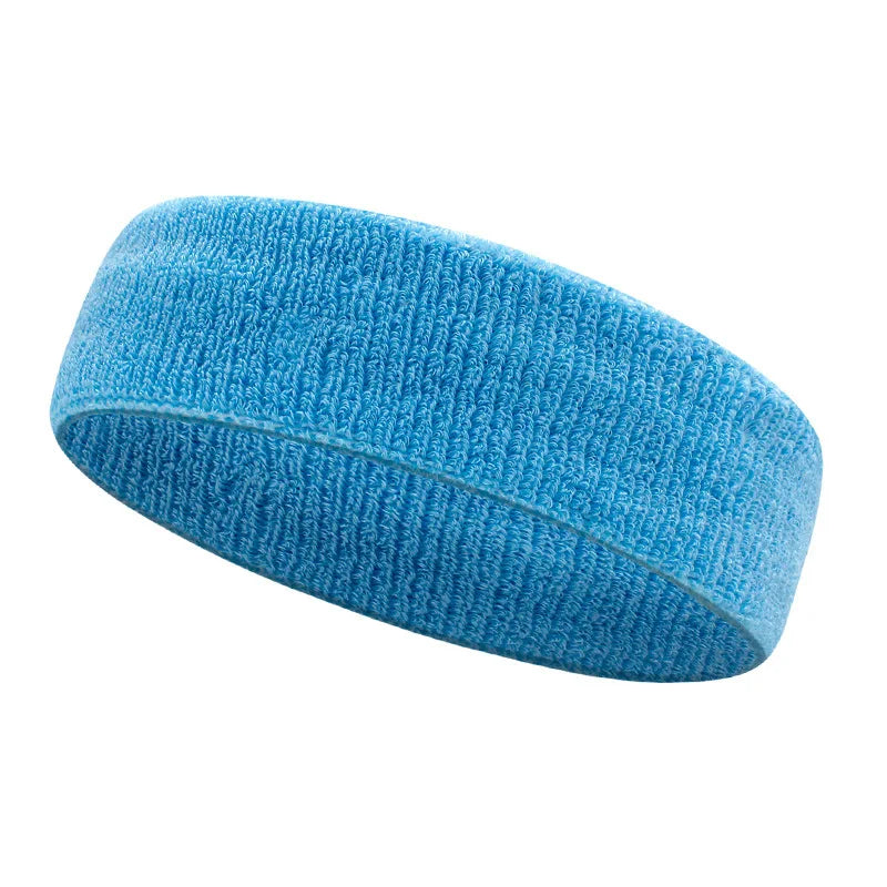 A bright blue moisture-wicking athletic headband rolled into a cylinder.