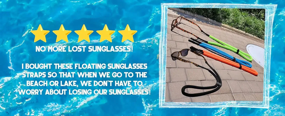 Floating sunglasses straps are shown with a close-up of the product and a natural outdoor background.