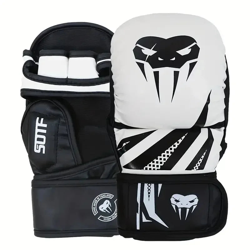A pair of black and white thickened PU boxing gloves for MMA and Muay Thai training.