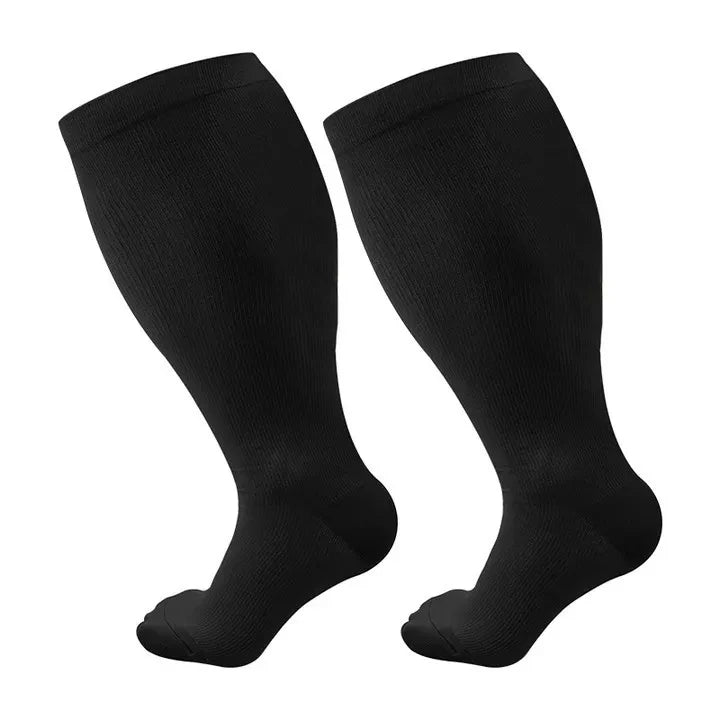 A pair of black compression socks for circulation and support.