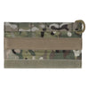A camouflage fabric head protection cover with a leather strap and buckle.