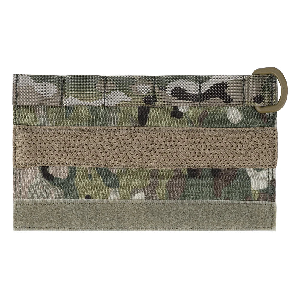 A camouflage fabric head protection cover with a leather strap and buckle.