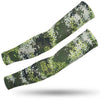 A pair of tactical camouflage arm sleeves featuring a digital pattern of green, black, and yellow-green colors.