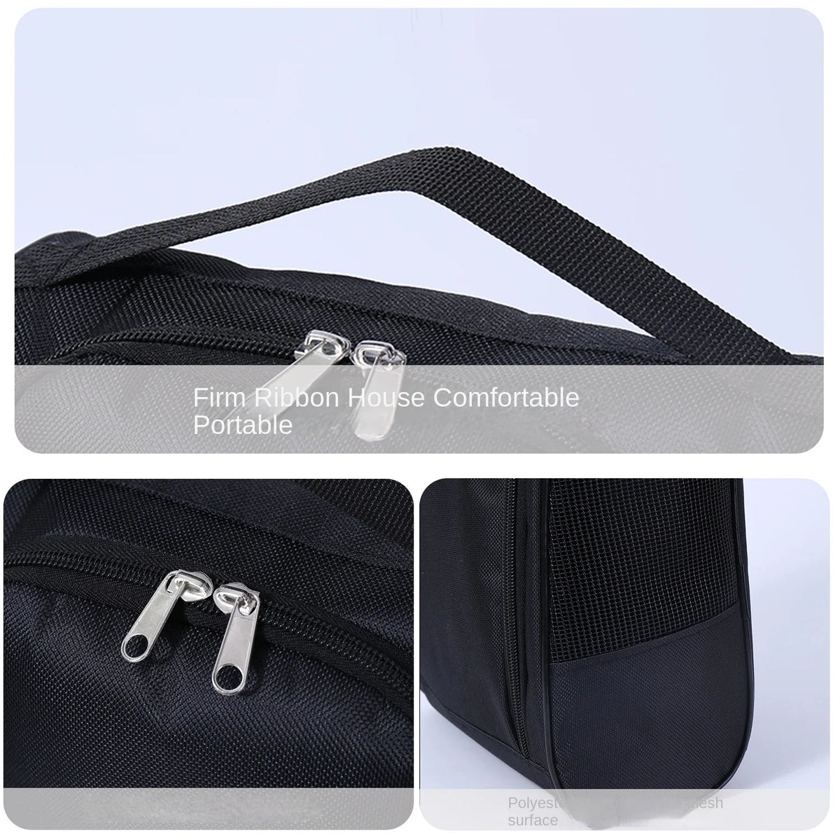 Black portable ribbon house shoe carrier bag with a handle and zipper detail