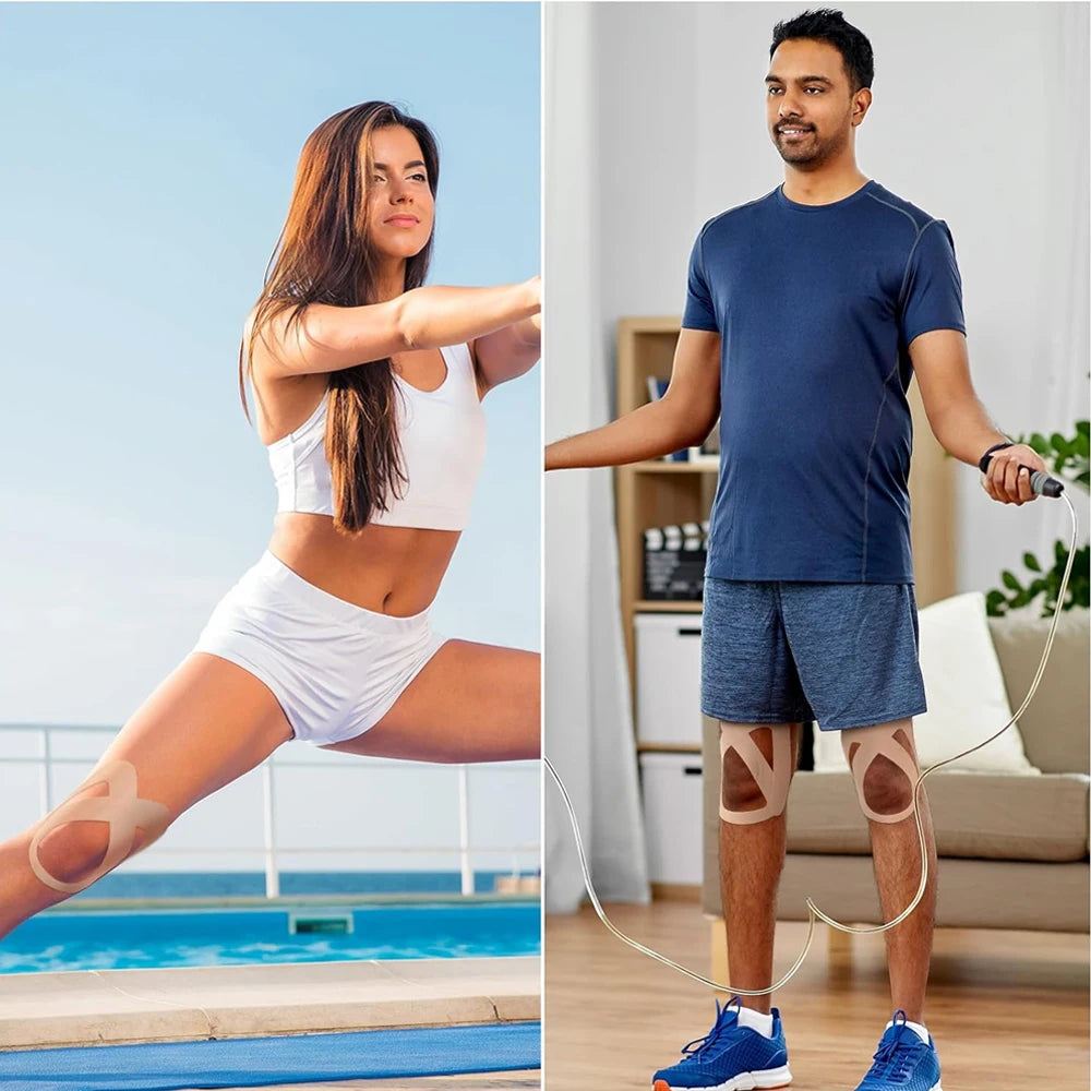 A woman is performing a leg exercise while wearing pre-cut kinesiology support tape on her leg.