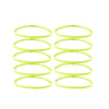 A set of five bright lime green elastic sports headbands laid out horizontally.