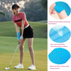 A woman wearing a pink shirt and black skirt is shown on a golf course, demonstrating the application of blue kinesiology tap
