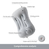 A white portable inflatable camping pillow designed for neck and lumbar support, showing various features like a creative log